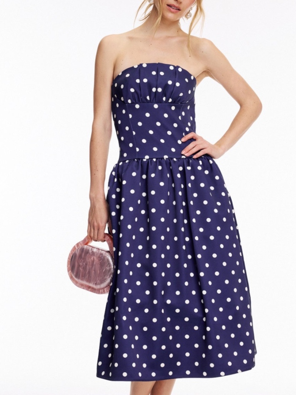 Self Portrait Self-Portrait Satin Midi Dress Strapless Navy Blue White Size US 0